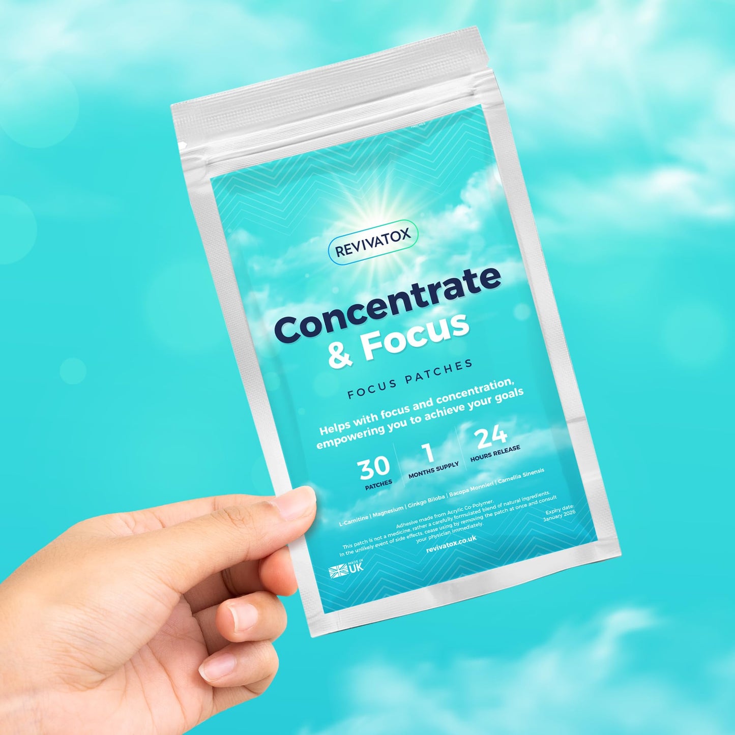 Focus Patches | Natural Focus Supplement for Enhanced Concentration & Brain Boost | 24-Hour Focus Patch with Bacopa, Ginkgo & L-Carnitine | 30 Pack | Revivatox®