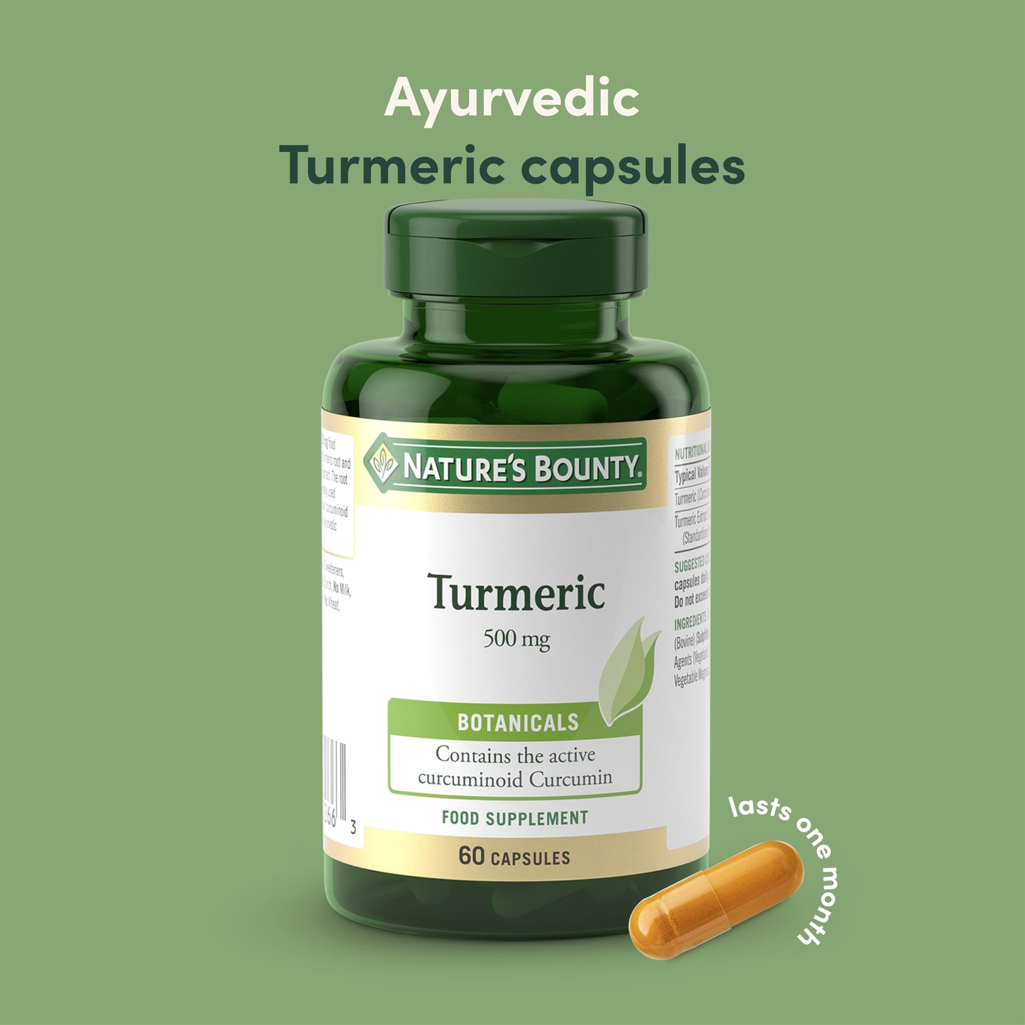 Nature's Bounty Turmeric 500 mg Capsules - Pack of 60 Capsules, Two-a-Day - 450mg of Turmeric Root - Contains Curcumin - Gluten Free