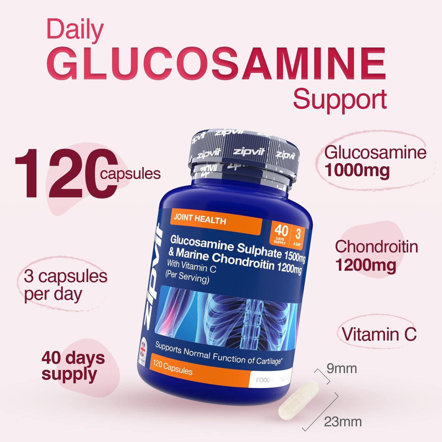 Zipvit Glucosamine and Chondroitin High Strength with Glucosamine Sulphate 1500mg, Marine Chondroitin 1200mg and Vitamin C, Joint Care Supplements for Men and Women, 120 Capsules