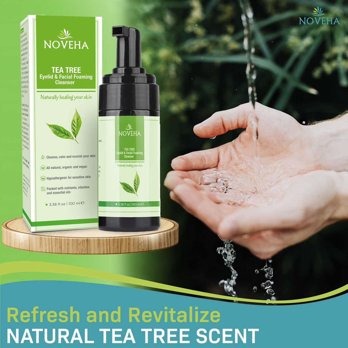 NOVEHA Tea Tree Eyelid Foaming Cleanser - Face Wash For Women | Eyelid Scrub For Dry Eye, Irritation | Preservative Free, Natural Ingredients