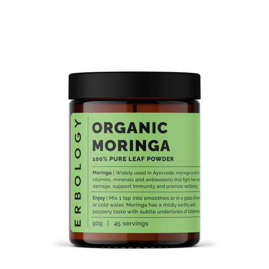 Erbology Organic Moringa Leaf Powder 90g - 45 Servings - Immunity Support - Rich in Calcium and Iron - Sustainably Sourced Straight from Farm in India - Small Batch - Vegan - GMO-Free