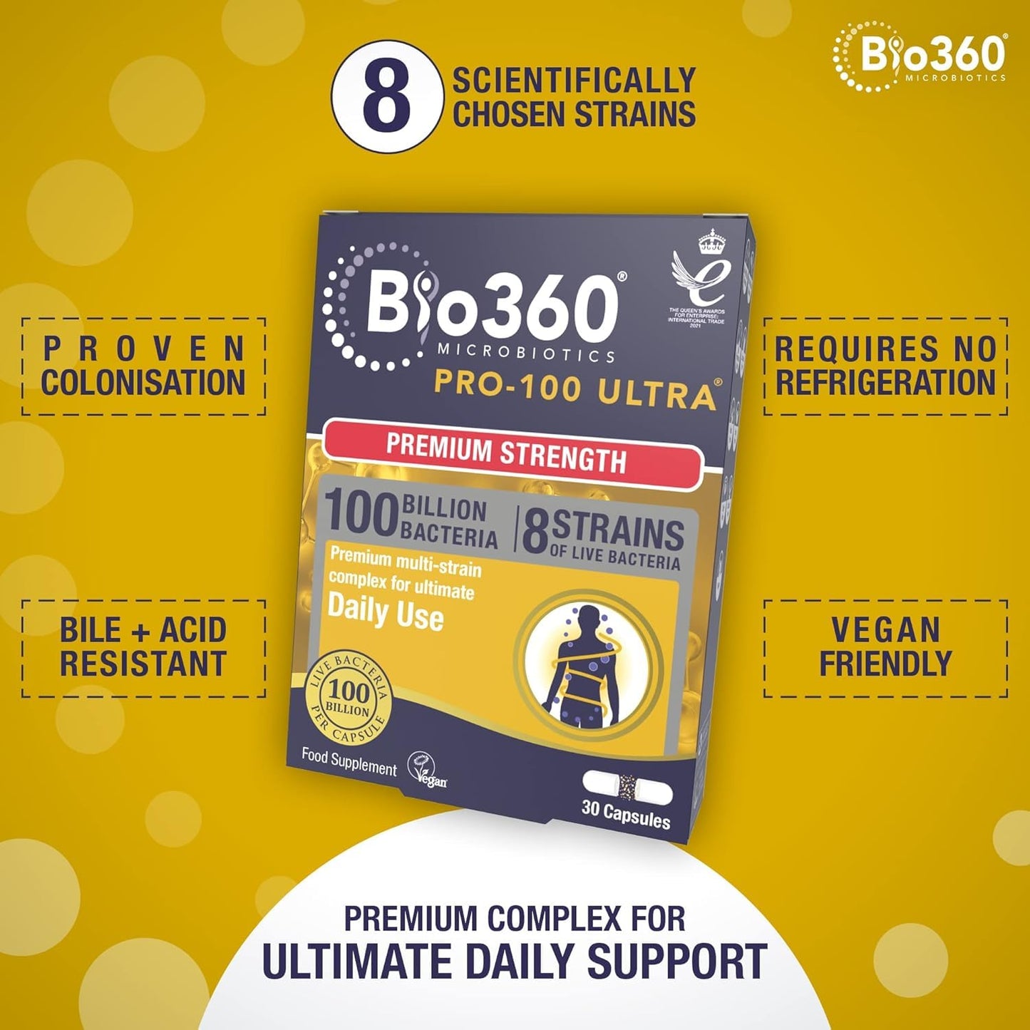 Natures Aid Bio360 Pro-100 Ultra Probiotic 100 Billion Bacteria CFU – High Strength Vegan Supplement Supports Digestive Health, Immunity, Gut Flora & Energy – Gluten-Free, Non-GMO - 30 Capsules