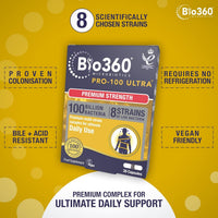 Natures Aid Bio360 Pro-100 Ultra Probiotic 100 Billion Bacteria CFU – High Strength Vegan Supplement Supports Digestive Health, Immunity, Gut Flora & Energy – Gluten-Free, Non-GMO - 30 Capsules