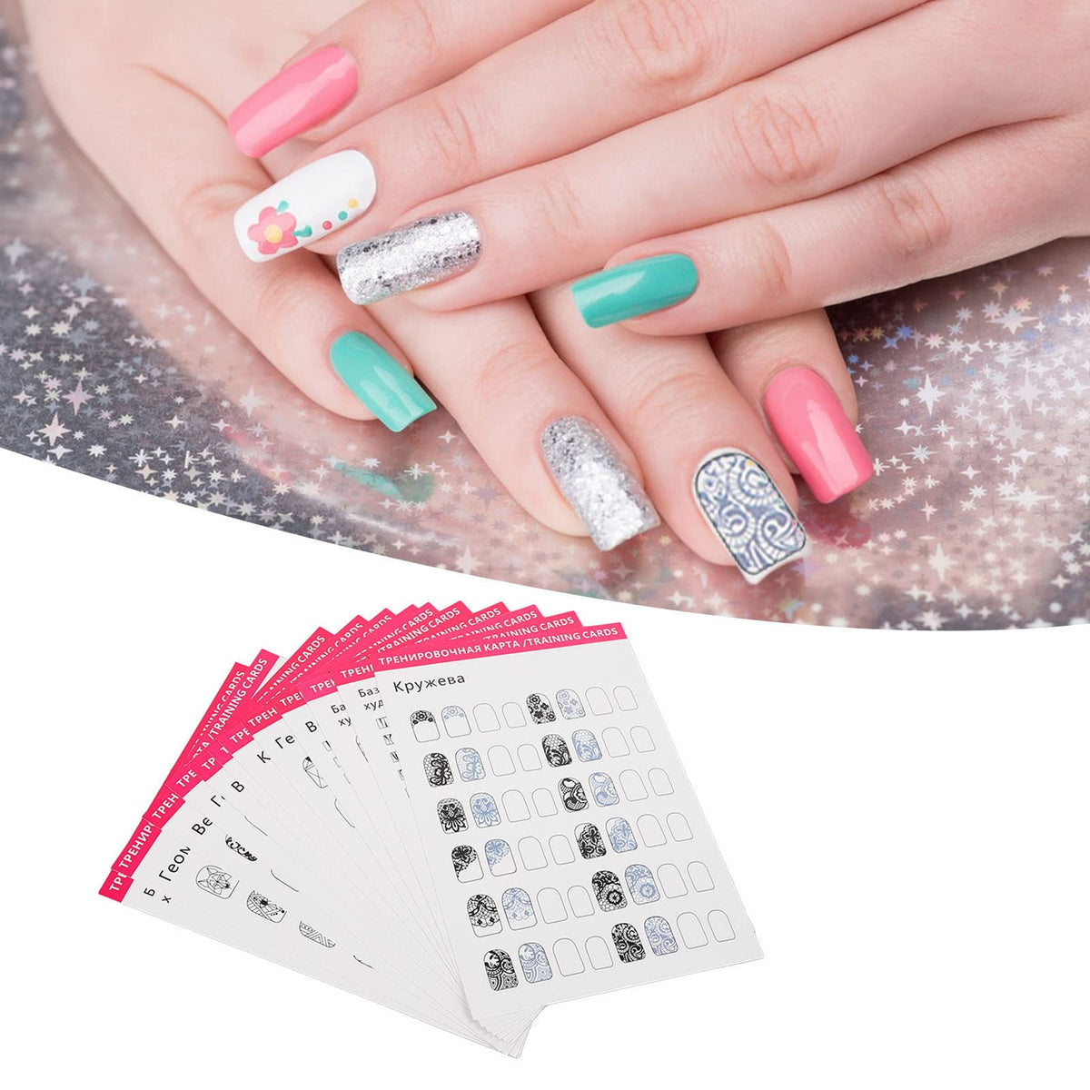 Shanrya Nail Training Mat, Nail Art Practice Sheet 12 Washable Modes for Nail Art Beginners