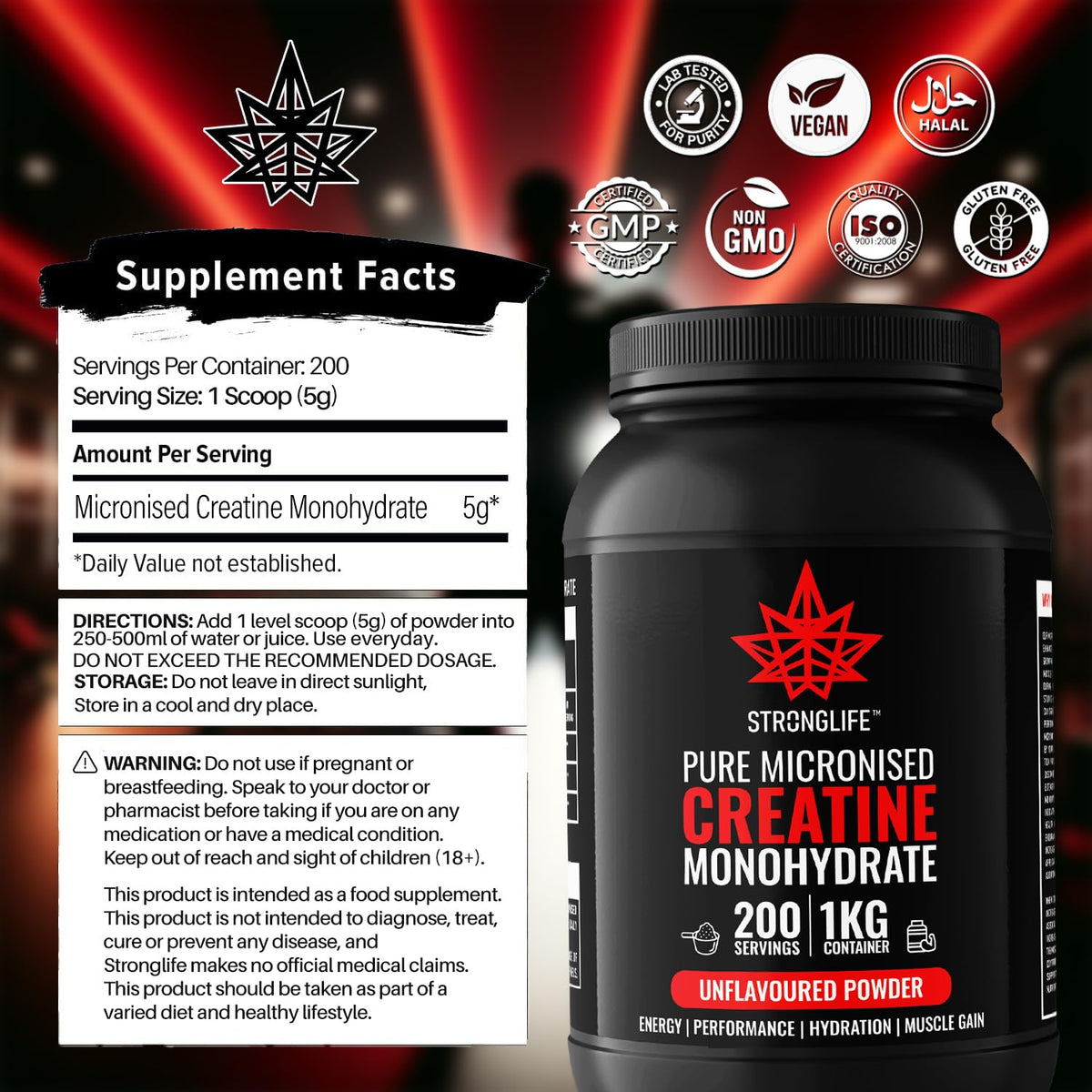 Creatine Monohydrate Powder by Stronglife - 1000 Grams (1KG), 200 Servings at 5 Grams, Micronised, Pure 200 Mesh, Unflavoured - Enhances Muscle Performance Power & Recovery
