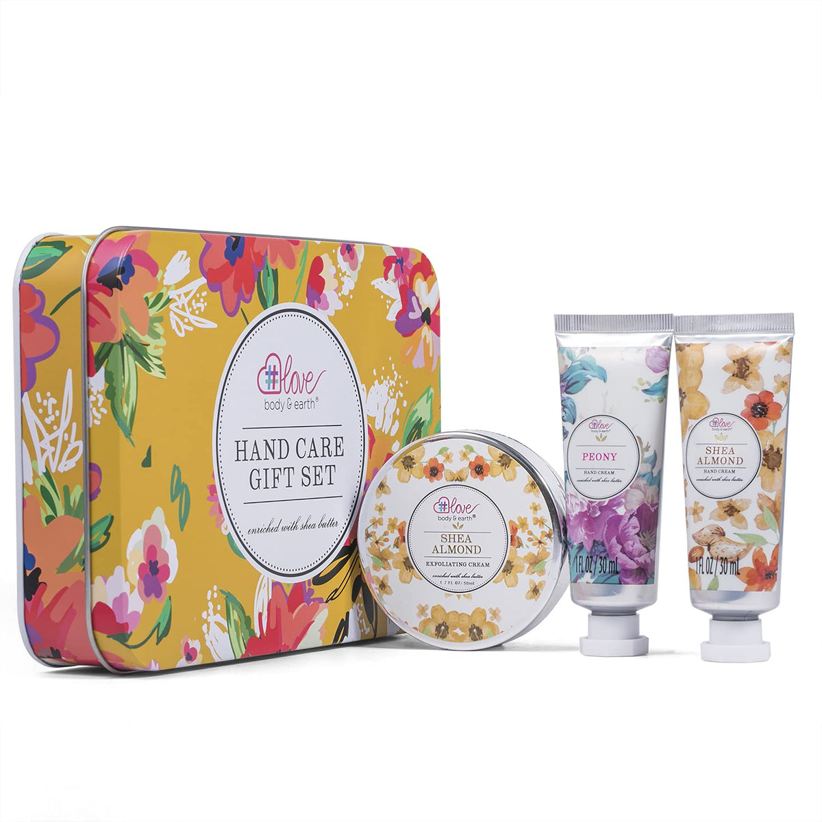 BODY & EARTH # LOVE Hand Cream Gift Set for Women - Hand Lotion with Shea Butter, Skin Care Gift Box Includes 2 Hand Cream & Exfoliating Cream, Birthday Gifts for Her