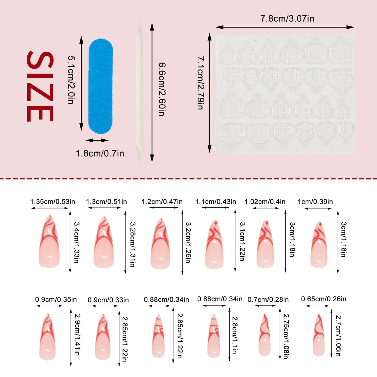 NICENEEDED 24 PCS Long Stiletto Press on False Nails, Almond Red Stripe Full Cover Glue on Fake Nails, Glossy Acrylic Stick on Artificial Nails for Women and Grils