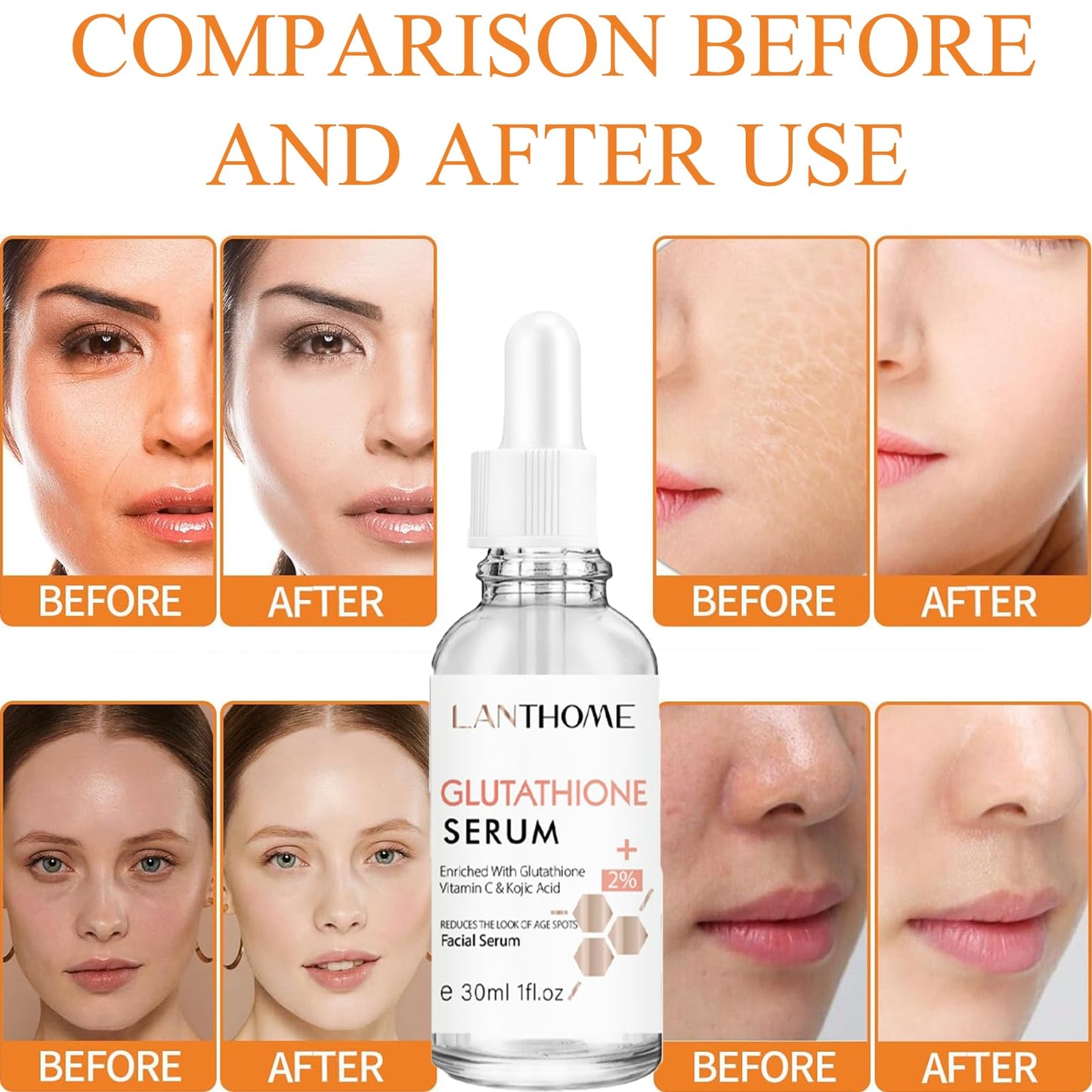 Glutathione Serum with Kojic Acid & Vitamin C - Nicotinamide Serum for Face for Hydrated - Face Serum Reduce Dark Spot Shrink Pores& Improve Skin Tone,(1pcs)