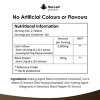 Lions Mane Mushroom 2000mg - 365 High Strength Vegan Tablets - Lion's Mane Supplement with Black Pepper - Lion's Mane Mushrooms Extract (Not Powder or Capsules) Made in The UK by New Leaf Products