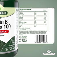 Natures Aid Vitamin B Complex 100mg – High Strength B Vitamins for Energy, Metabolism, Nervous System & Immune Support – Vegan, Gluten-Free, Non-GMO – Natural Supplement – 60 Tablets