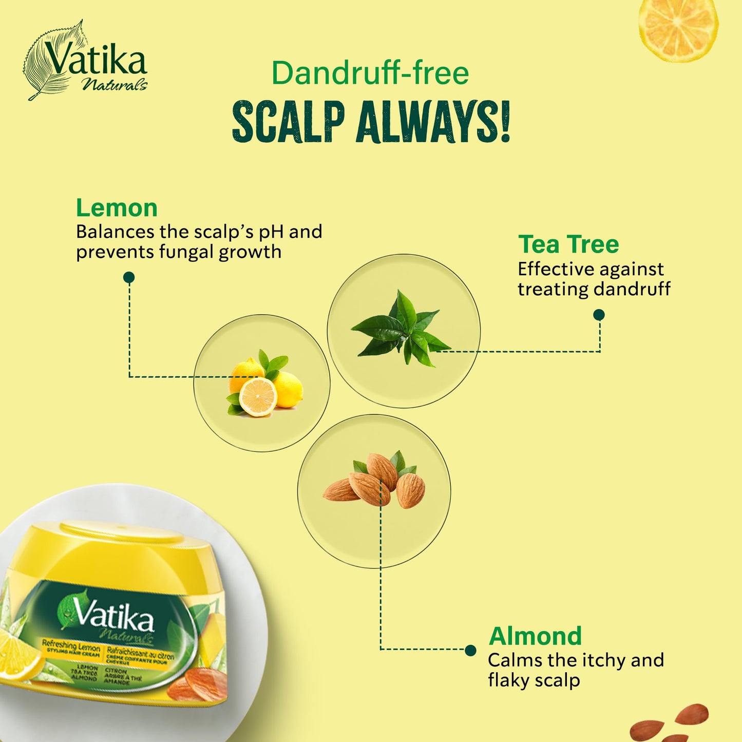 Vatika Naturals Hair Cream - Refreshing Lemon (210ml) | Enriched with Lemon, Tea Tree & Almond for Naturally Stylish, Problem-Free Hair
