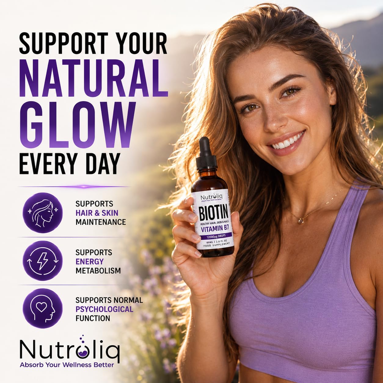 Nutroliq Absorb Your Wellness Better Nutroliq Biotin Liquid Drops - Vegan Vitamin B7 Dietary Supplement for Hair, Nail & Skin Health - Pure 12000mcg Biotin Drops for Hair Growth - Extra Strength Berry-Flavoured Vitamin H Serum - 60 ml