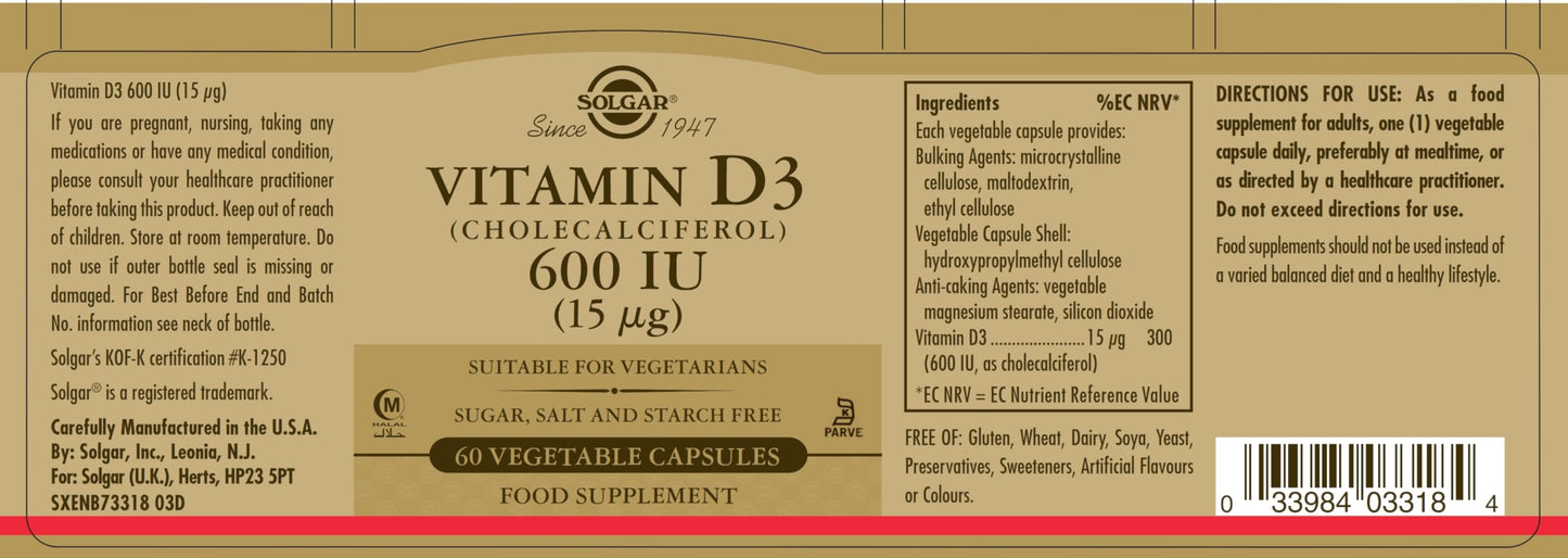 Solgar Vitamin D3 (Cholecalciferol) 600 IU (15 µg) Vegetable Capsules - Food Supplement - Pack of 60 - for Healthy Bones, Teeth and Muscle Function - Supports Immunity - Gluten Free