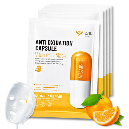 Trendyfave Vitamin C Sheet Mask 5PCS, Vitamin C Face Masks Skincare With Hyaluronic Acid, Anti Oxidation Capsule Face Mask Set, Firming Repair Face Mask, Hydrating Face Mask For Dehydrated, Dull And Tired Skin