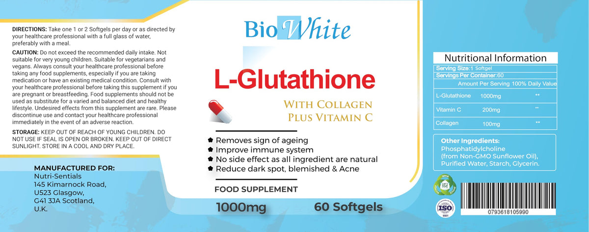 Bio White Glutathione Supplement - Natural Skin Whitening Anti-Aging Benefits and Improves Immunity, L-Glutathione Pills for Men & Women - Pure Antioxidant, 60 Capsules (1000mg)
