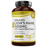 Nutravita Organic Lions Mane Mushroom 1500mg - 120 High Strength Vegan Capsules (Not Powder) - Lions Mane Supplement with Organic Black Pepper - Made in The UK