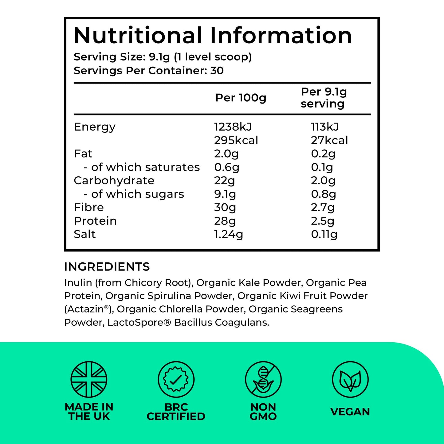 LOVE LIFE SUPPLEMENTS Organic Greens by LLS | 273g - 30 Servings | Unflavoured | Contains 6 Organic Greens - Kale, Spirulina, Spinach, Seagreens, Pea, Chlorella Plus Inulin and Lactospore® | Love Life Supplements