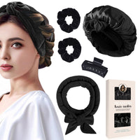 Keratobleem Heatless Curling Set,Velvet Hair Curler with Sleep Cap, DIY Hair Curling Band Styling Kit, Overnight Hair Rollers, Heatless Curls Band for Long Medium Hair - Black