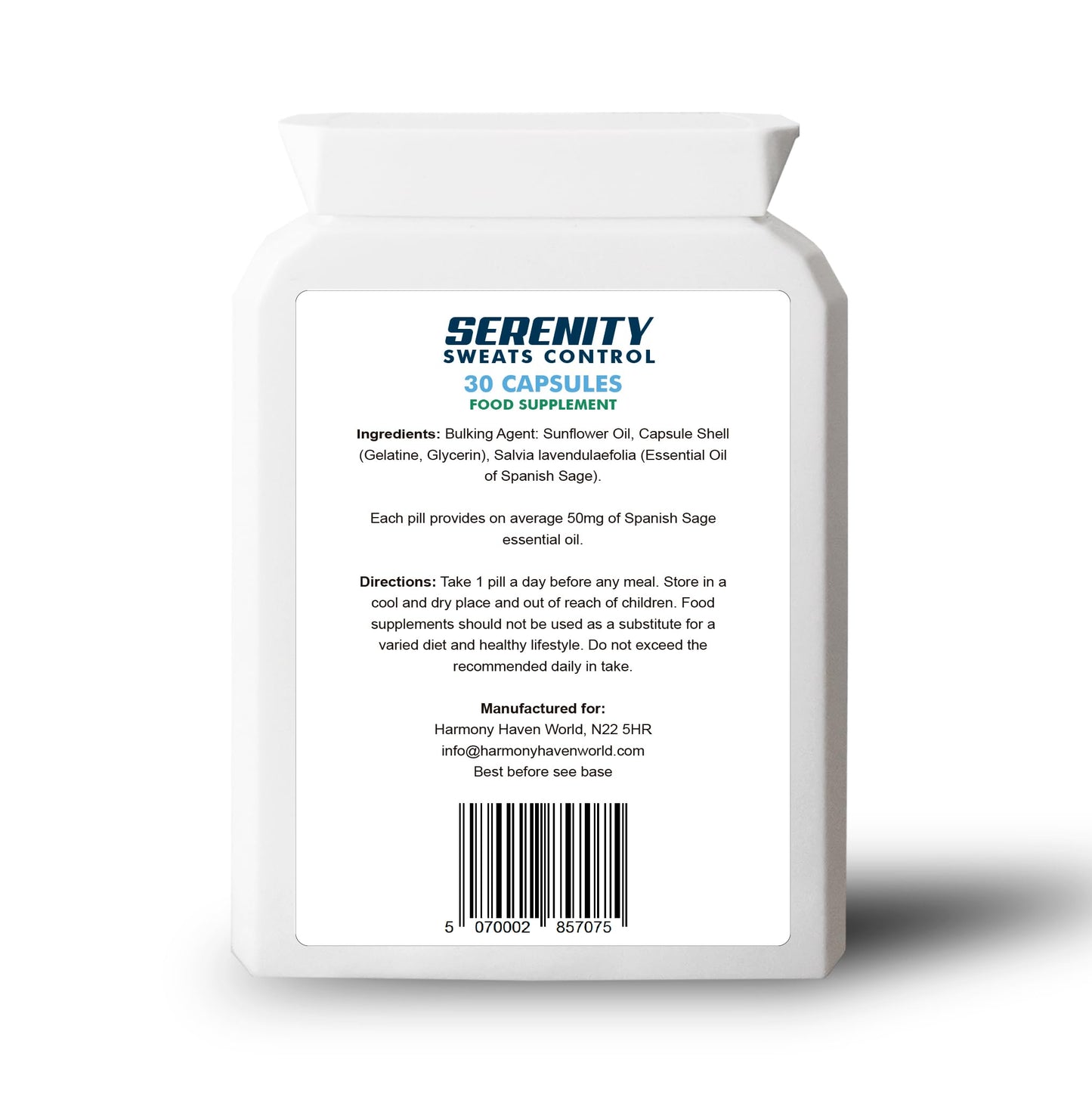Serenity Sweats Control 30 Capsules - Reduce Excess Sweating, Sweat Less & Stay Dry