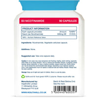 Health4All Vitamin B3 Niacin as Nicotinamide (Niacinamide) 500mg 90 Capsules, Purest, No Additives, Vegan, Gluten Free No-Flush Niacin VitB3 Capsules | Made in UK