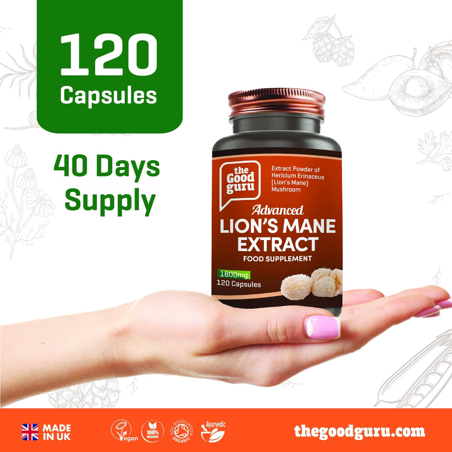 Lion's Mane Mushroom Extract - 1800mg | Immune and Memory Support |120 Vegan Capsules by Good Guru | Lions Mane Supplement