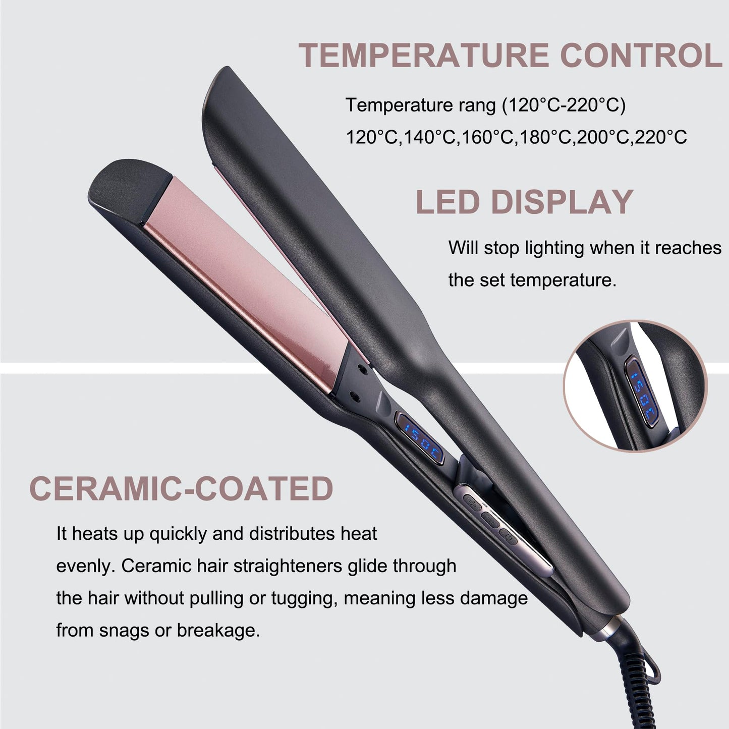 stylocks Ionic Hair Straighteners for Women,5.7cm Ceramic Wide Plate 120℃ to 220℃ LED Digital Display Side Temp Button Lock and Unlock Hair Straightener 2m 360 ° Swivel Cord for Short Medium Long Hair