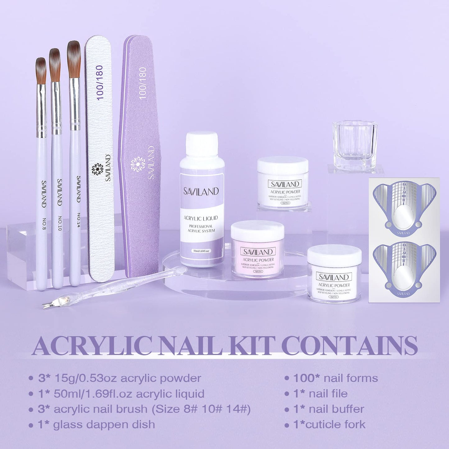 Saviland Acrylic Nail Kit - 45g White Pink Clear Acrylic Powder and Liquid Set with 3 Sizes Acrylic Nail Brush/Nail File/Nail Forms/Dappen Dish for Beginners Nail Extension Carving Acrylic Nail Set