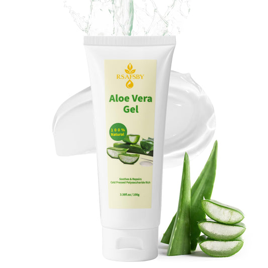 RSAFSBY 100% Natural Aloe Vera Gel for Face, Body & Hair - 100g Cold Pressed - Soothing, Hydrating & Repairing - Relieves Dry Skin, Sunburn, Blemishes & Itchy
