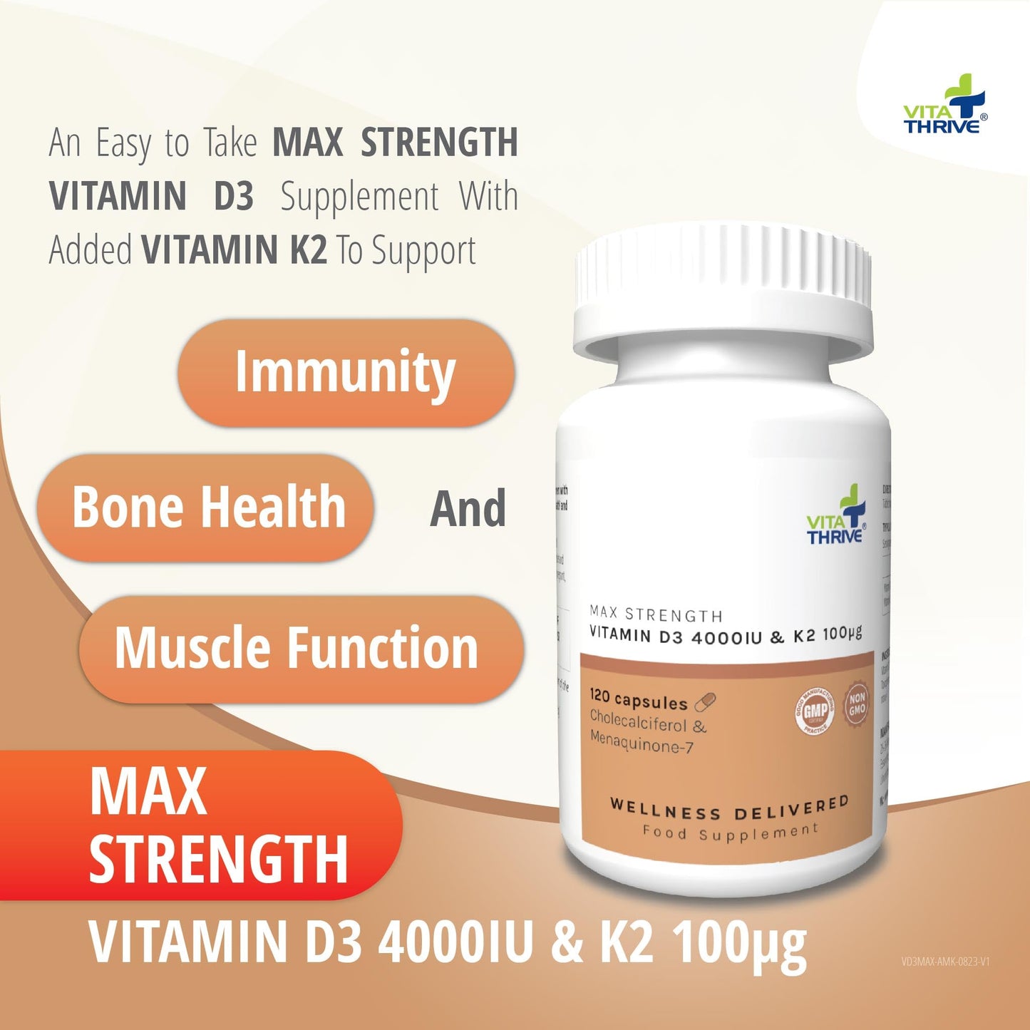 VitaThrive® Vitamin D3 100µg Max Strength 4000IU & K2 100µg – 120 Capsules
