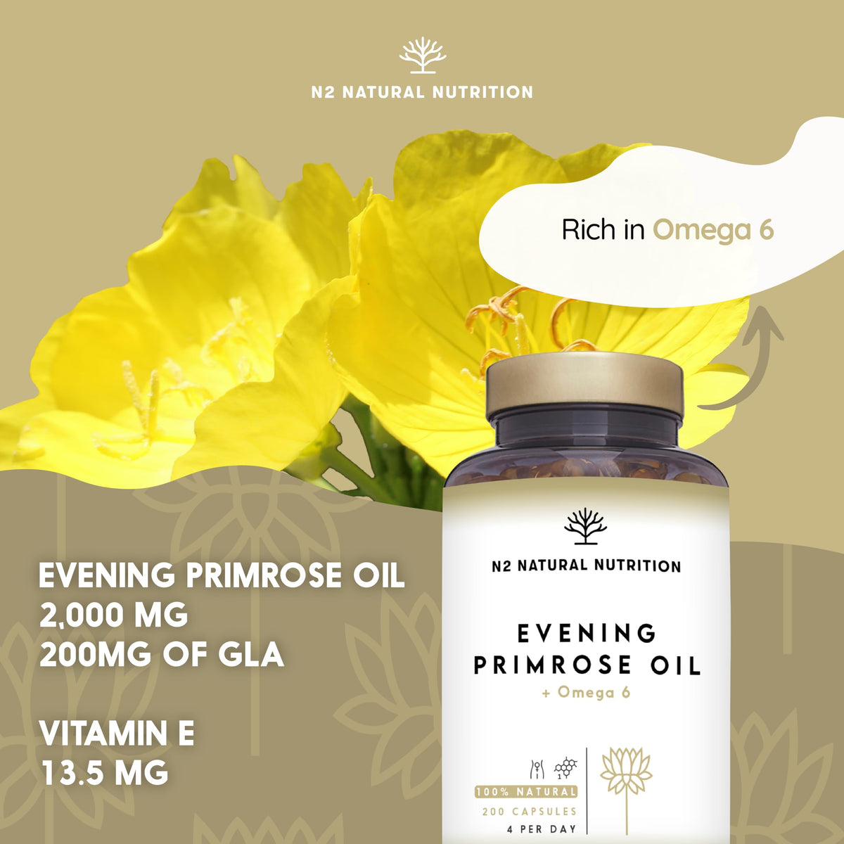 Evening Primrose Oil 2000 mg per dose, GLA Omega 6 200mg + Vitamin E. 200 High Strength Softgels, Easy Swallow, Cold Pressed. Menopause, Skin and Nails Care. Made in EU. N2 Natural Nutrition.
