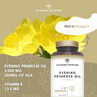 Evening Primrose Oil 2000 mg per dose, GLA Omega 6 200mg + Vitamin E. 200 High Strength Softgels, Easy Swallow, Cold Pressed. Menopause, Skin and Nails Care. Made in EU. N2 Natural Nutrition.