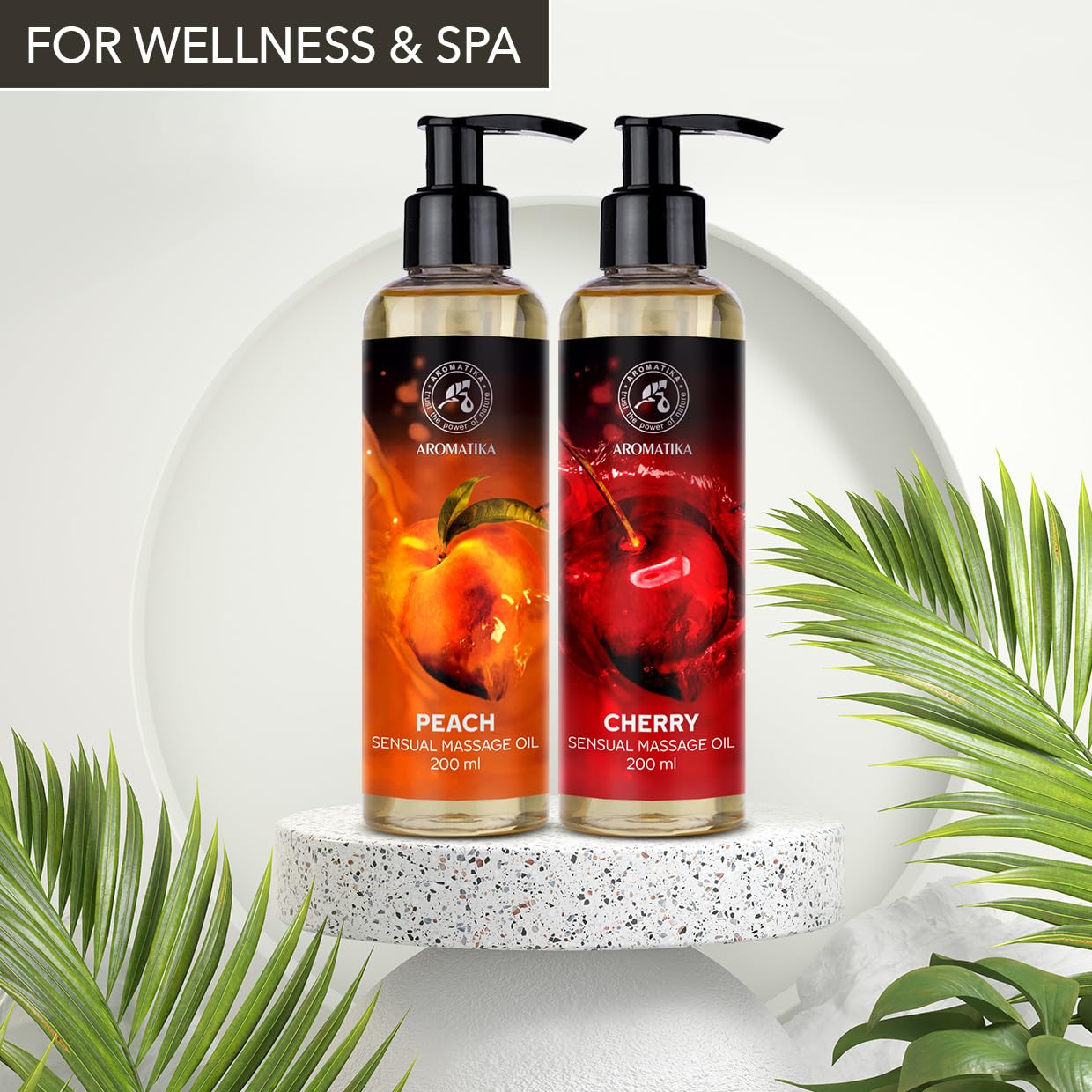 AROMATIKA trust the power of nature Sensual Massage Oil Set 2x200ml - Peach and Cherry - Edible & Kissable Massage Oil - Blend of Almond & Grapeseed & Macadamia Oils - Body Oil for Him & Her - for Couples - Relaxing Massage Oil