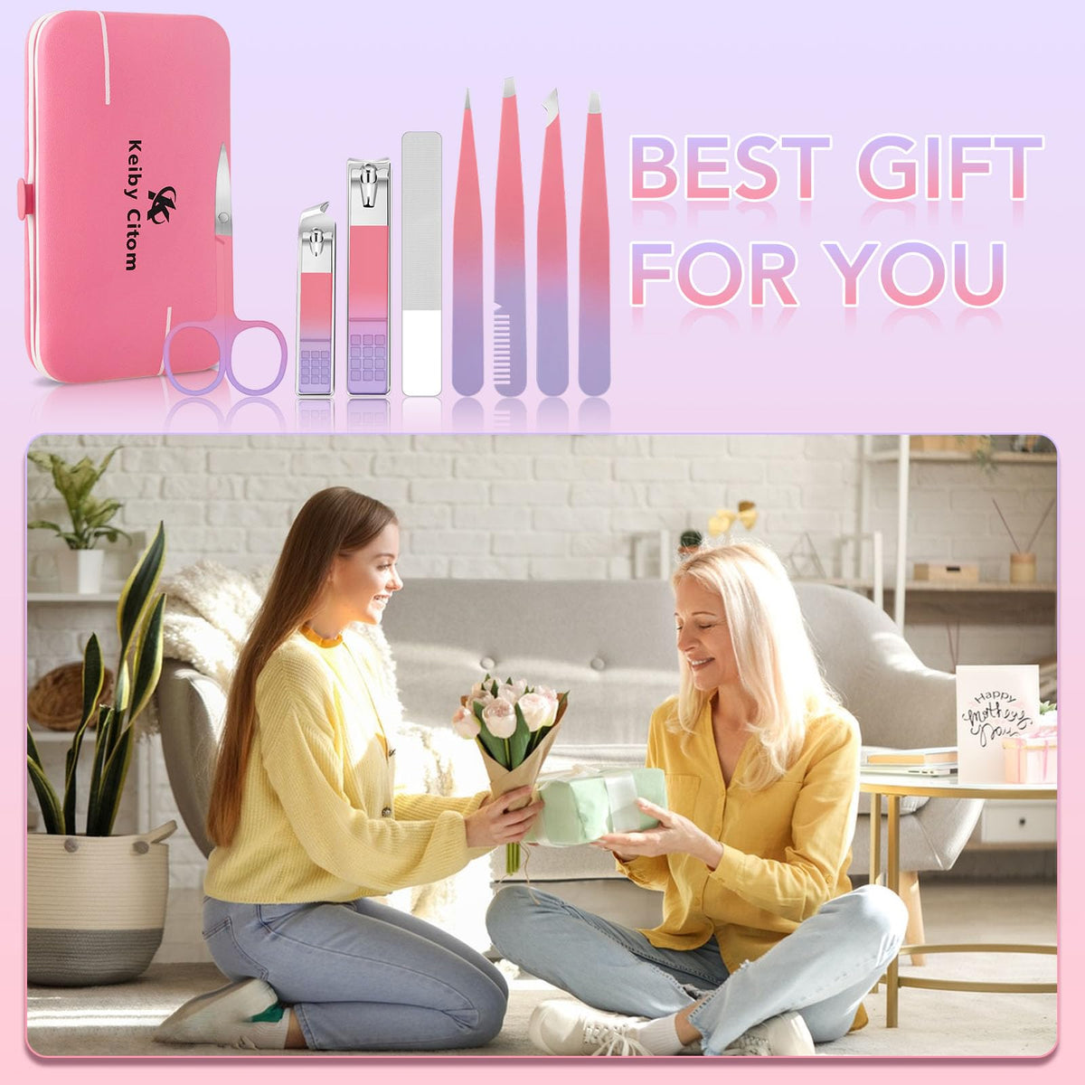 Keiby Citom Tweezers Set for Women, 8Pcs Precision Eyebrow Tweezers, Pink