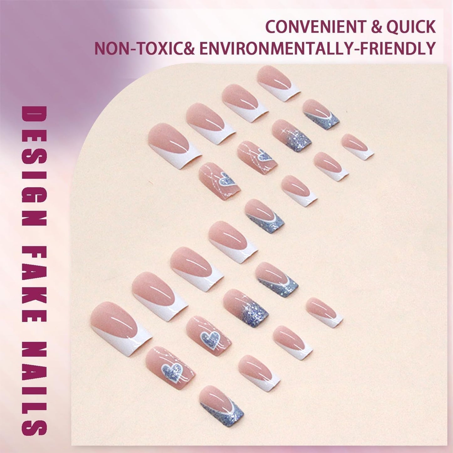 Generic 24Pcs Short Almond French Press on Nails with Glitter Hearts and Sparkling Design, Nude Pink and Blue Accents, for Manicure and Nail Art