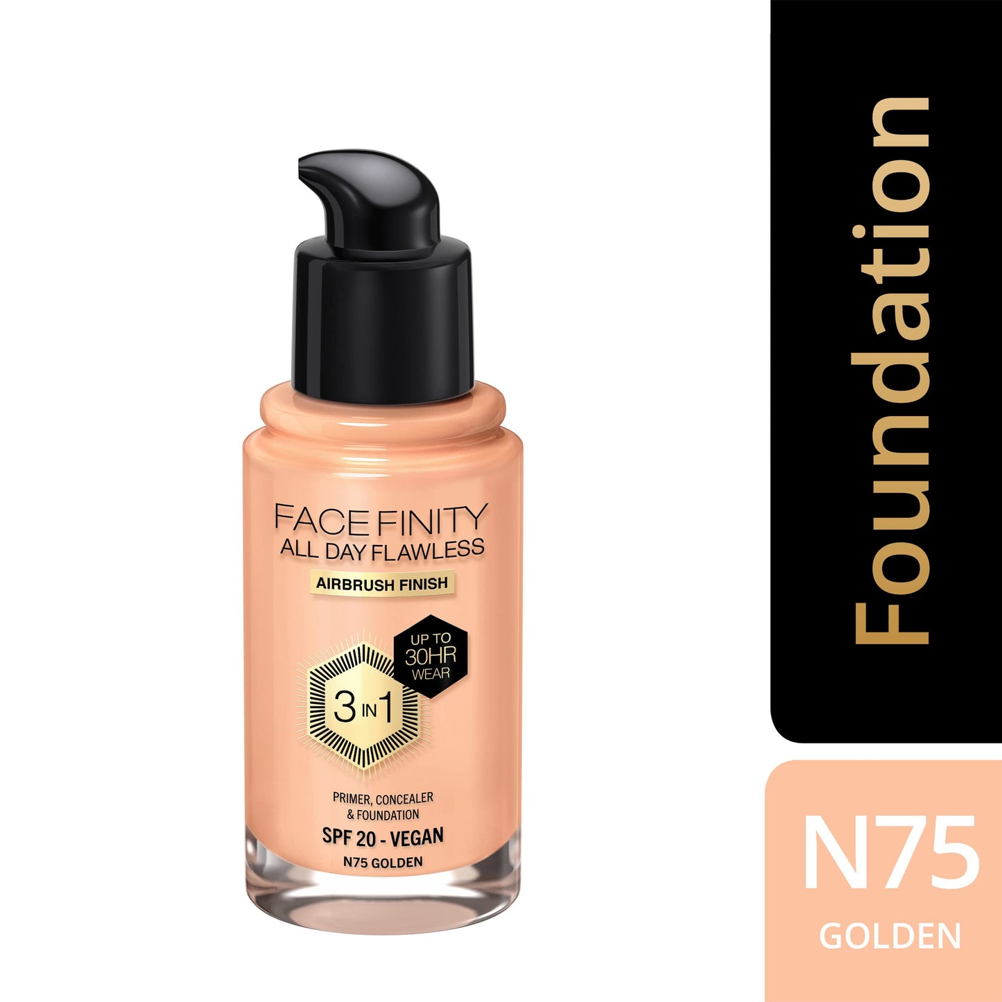 Max Factor Facefinity All Day Flawless 3 in 1 Liquid Foundation, Lightweight Oil Free Formula with SPF 20, 075 Golden, 30 ml, packaging may vary