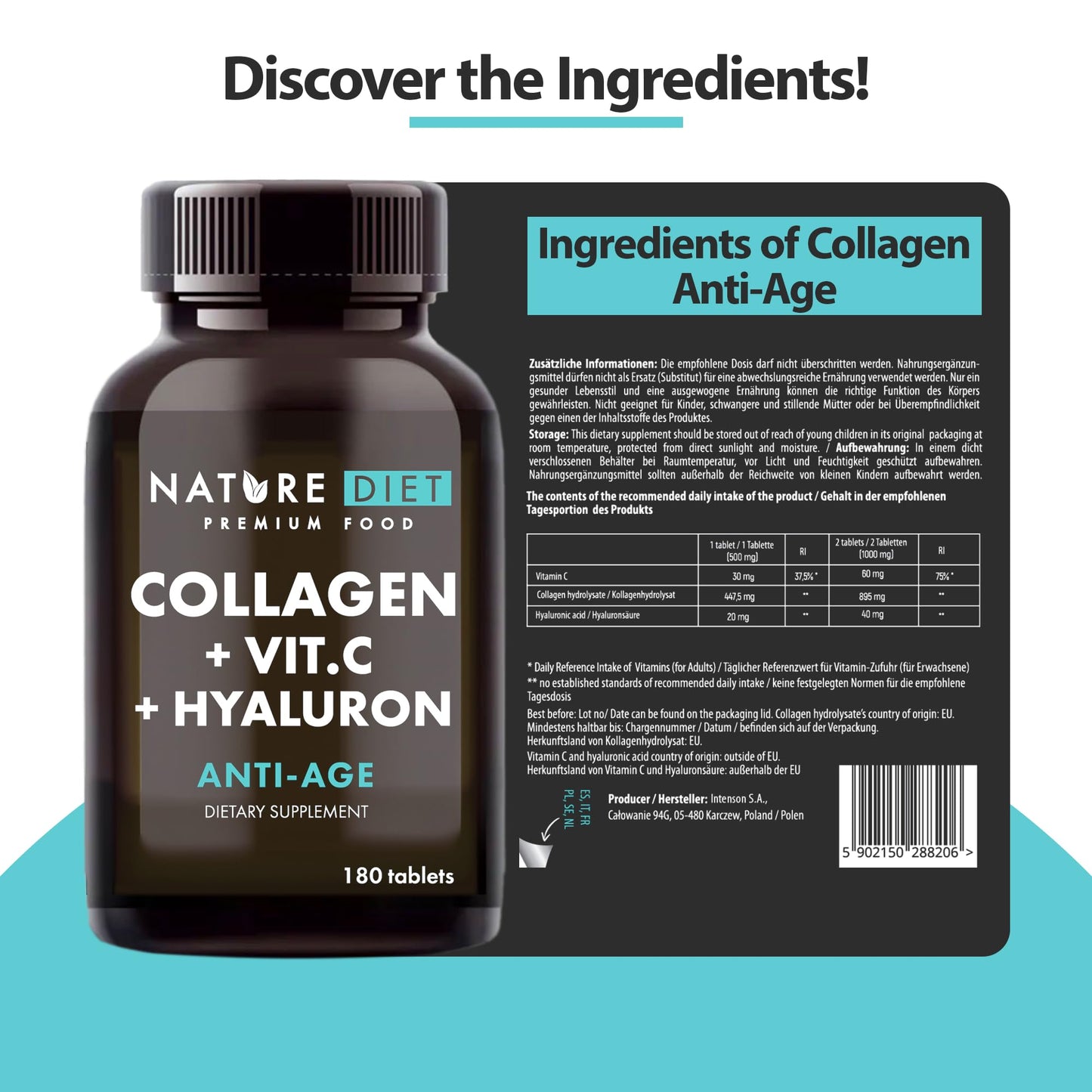 Nature Diet - Collagen with Hyaluronic Acid and Vitamin C, 180 Tablets, 500 mg , Anti Ageing , Hydrolyzed Collagen