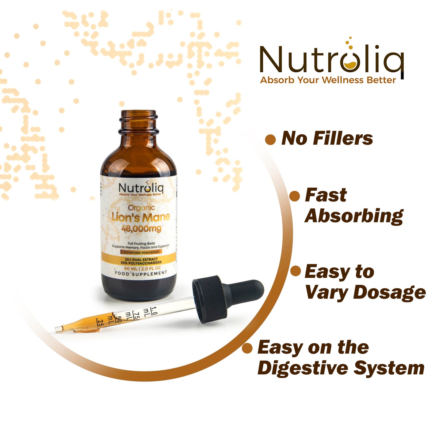 Nutroliq Lions Mane Tincture - Lions Mane Supplement with Organic Hericium Erinaceus Fruiting Body Extract - Contains 30% Polysaccharides - Vegan Formula - 800mg Per 1ml Serving - 60ml, 60-Day Supply