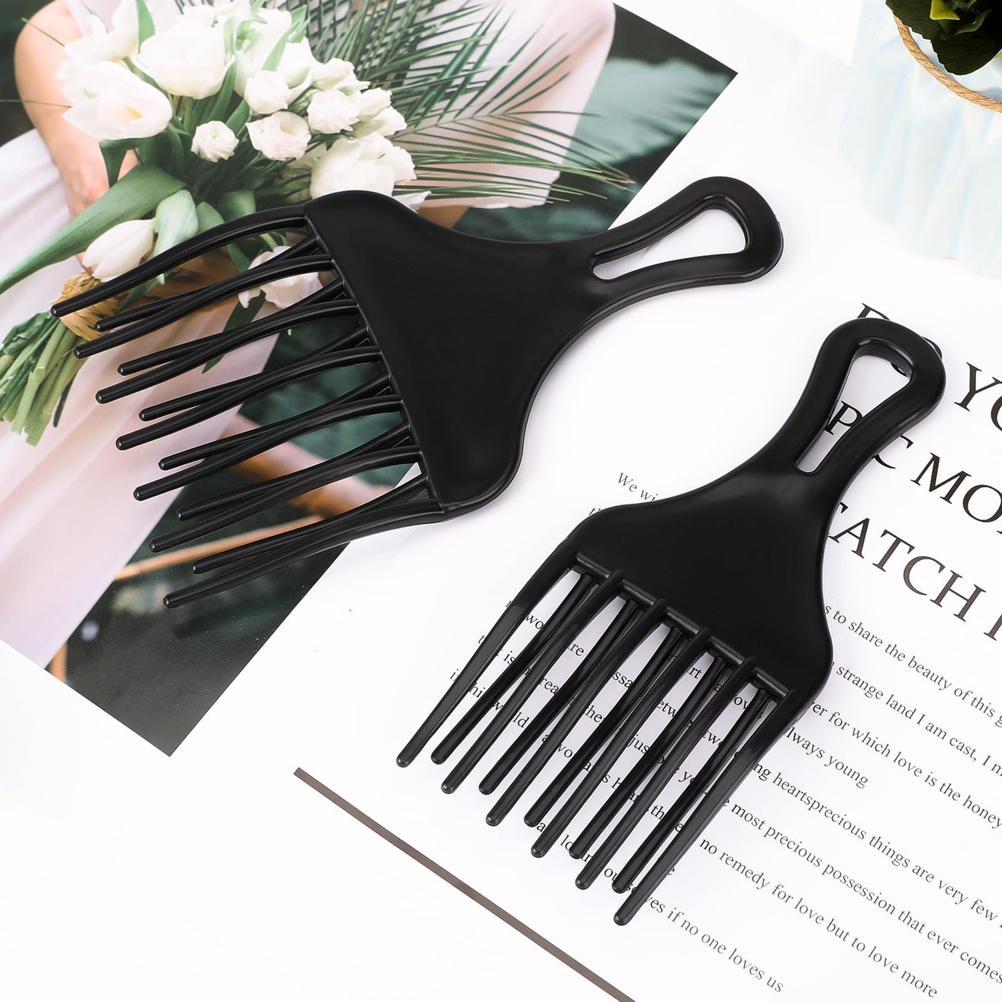salbsever Salbsever 2-Piece Afro Hair Pick-Comb Set - Large and Small Plastic Wide-Tooth Picks for Curly Hair, Detangling, Wig and Braid Styling