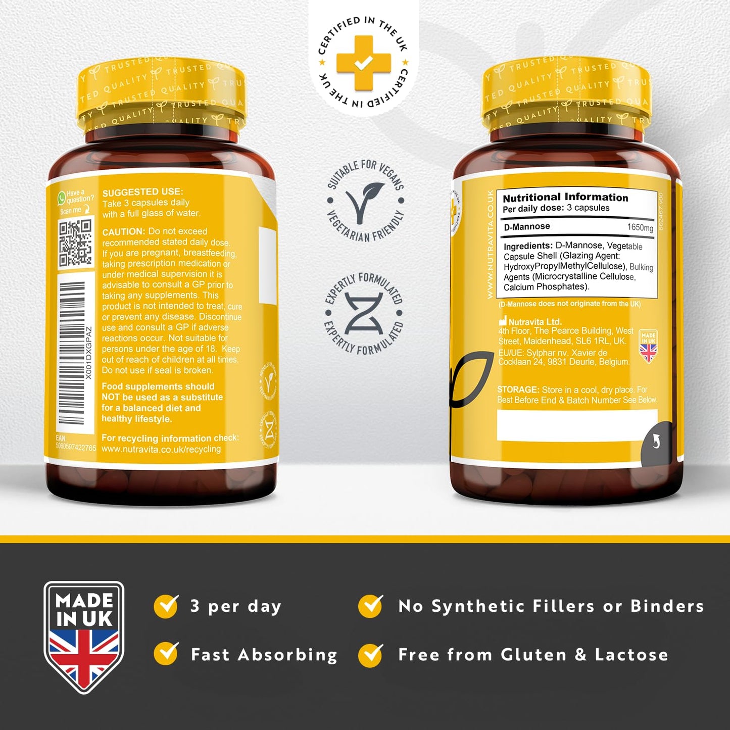 D-Mannose 1650mg High Strength Capsules – 180 Vegan Friendly Capsules (Not Tablets) – 100% Natural Premium D Mannose Supplement – Made in The UK by Nutravita