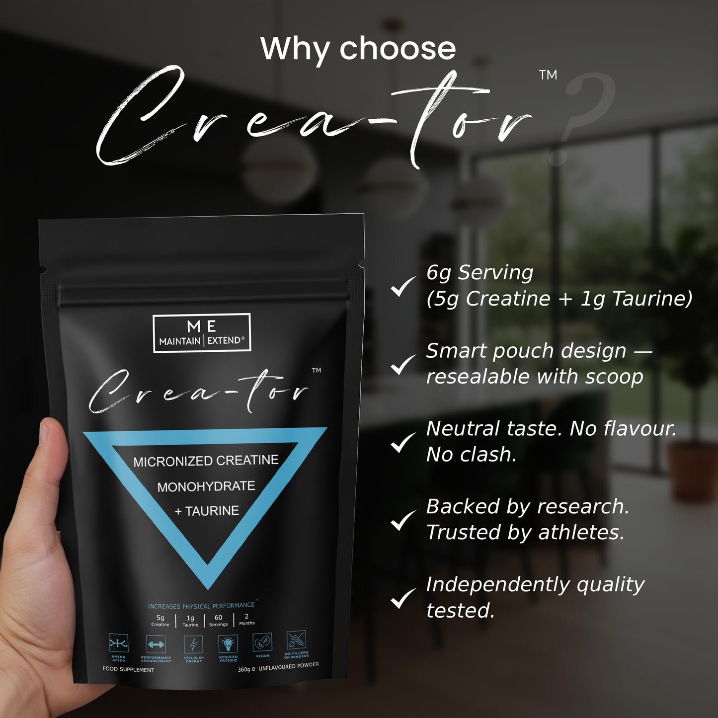 ME MAINTAIN | EXTEND Creatine Monohydrate Powder with Taurine 360g, Micronized Vegan 60 Servings