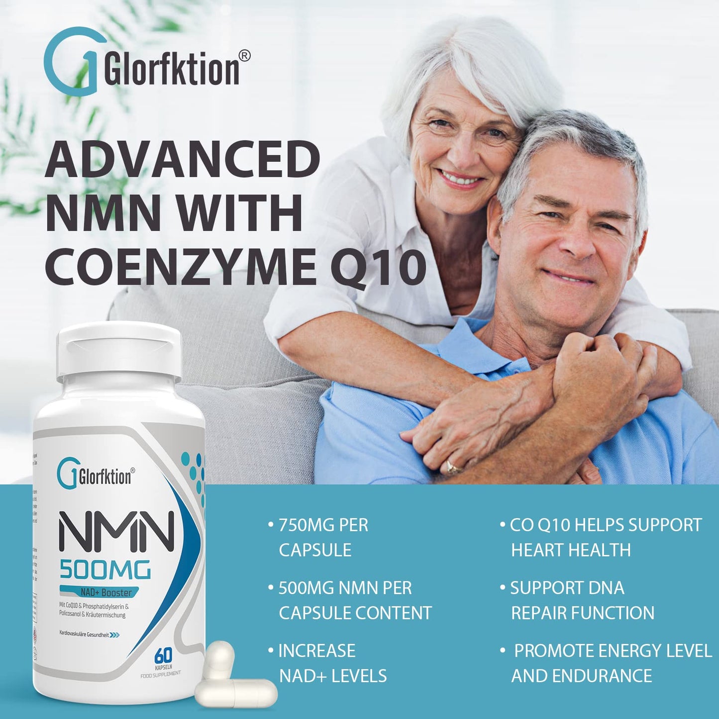 Glorfktion NAD Supplement | 750mg Advanced NAD Contains All 7 Ingredients in 1 Capsule | NAD+ Booster for Anti Aging | 60 Count Capsules (60 Count (Pack of 1))