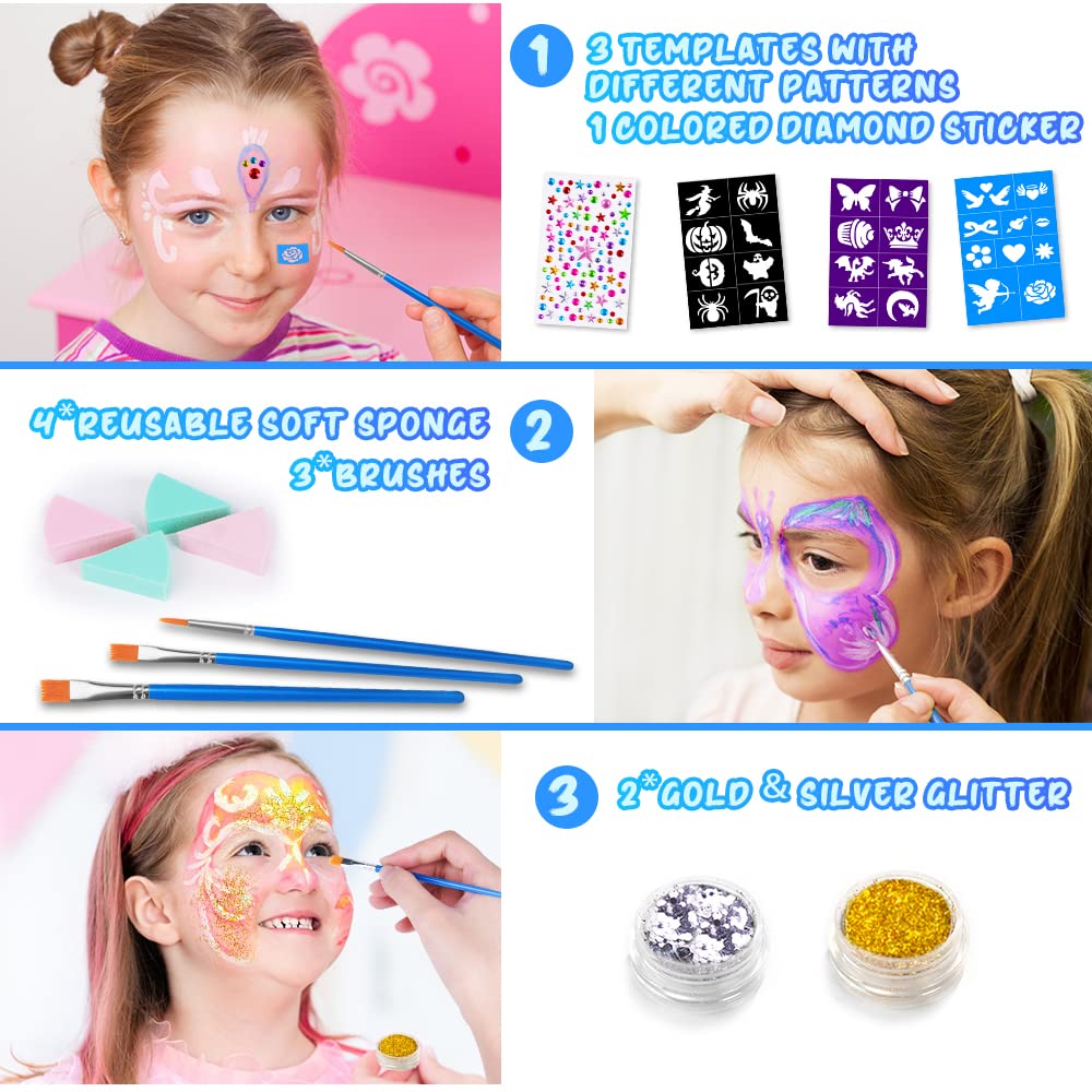 ACWOO Face Paints for Kids, 16 Colors Professional Face Body Painting Kit with 1 Gem Sheet, 2 Glitters, 3 Stencils, 3 Brushes, 4 Sponges, Water Based Face Paint for Halloween, Party, Cosplay