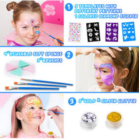 ACWOO Face Paints for Kids, 16 Colors Professional Face Body Painting Kit with 1 Gem Sheet, 2 Glitters, 3 Stencils, 3 Brushes, 4 Sponges, Water Based Face Paint for Halloween, Party, Cosplay