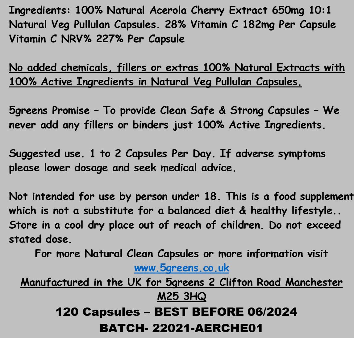 Acerola Cherry Extract Capsules Natural Vitamin C - Pure 100% Natural and Highly Absorbable Source of VIT C – Manufactured by 5greens in The UK (120 Capsules)