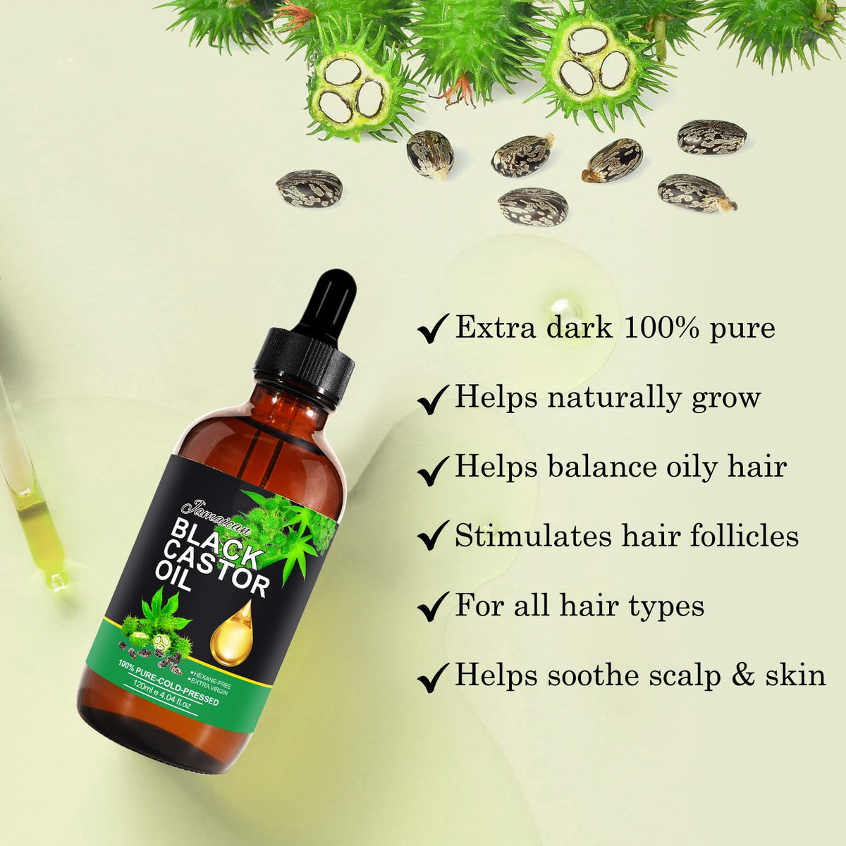 PIUSEQEW Jamaican Black Castor Oil, Organic Castor Oil 100% Pure Cold Pressed Body Massage Black Castor Oil Essential Oils for Body Face & Skin, Eyebrows Growth, Hair Nourishing, Skin Moisturizer, 120ml