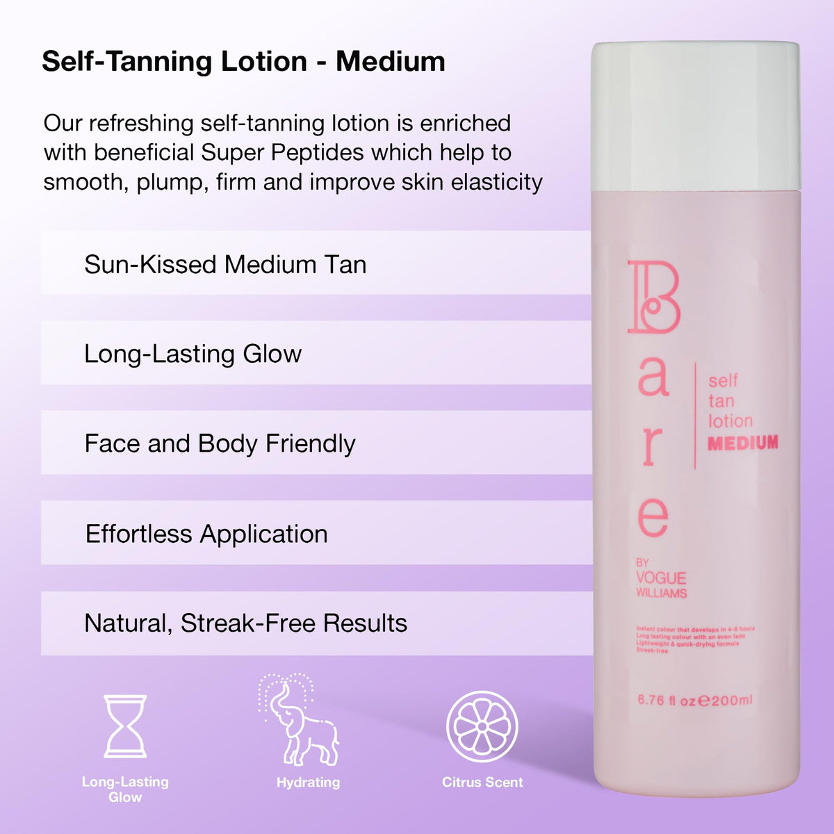 Bare by Vogue - Medium Tan Self-Tanning Lotion - Suitable for All Skin Types - Self Tanner for Face & Body - Long-Lasting Fake Tan - 200ML