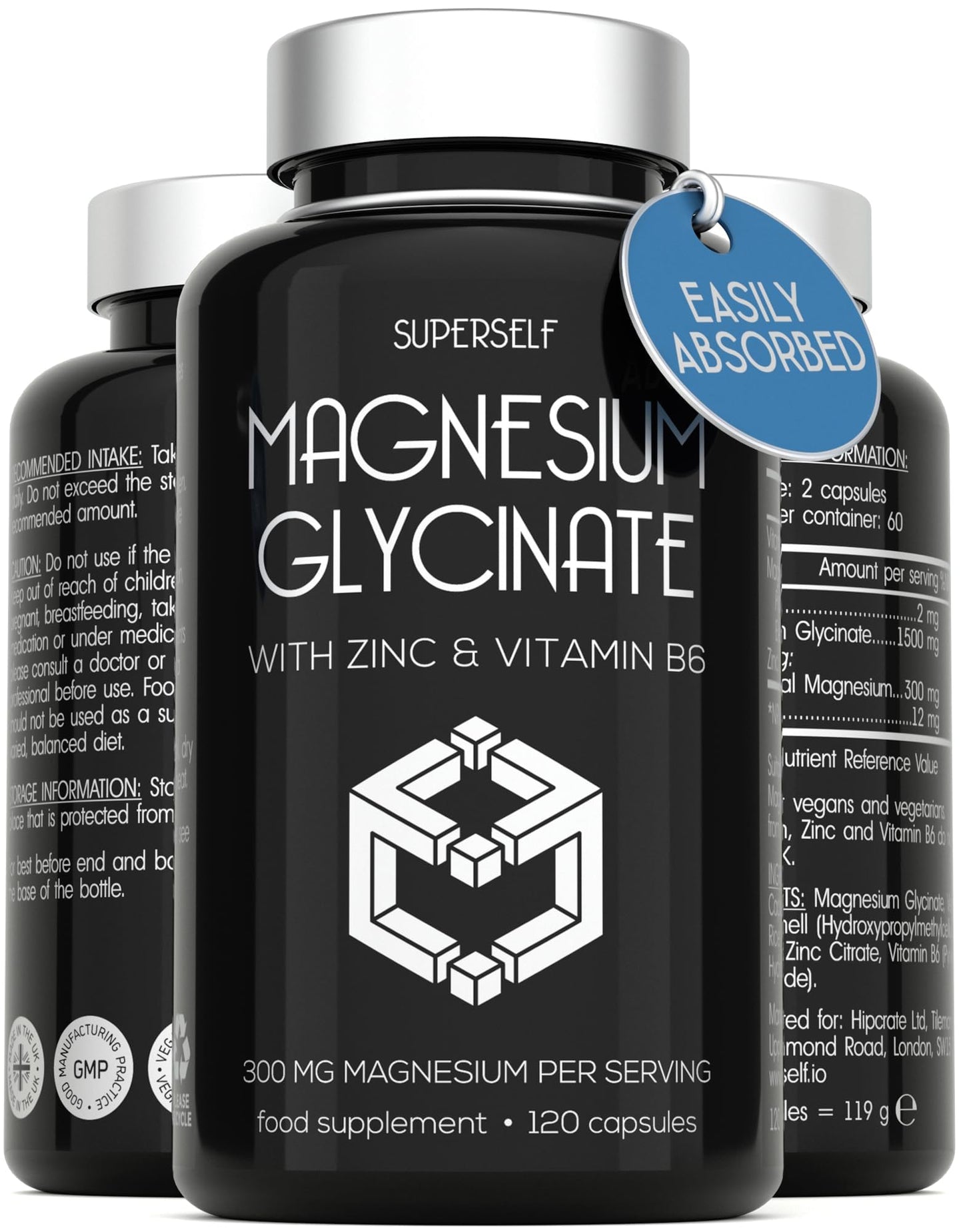 SuperSelf Magnesium Glycinate Supplement - 1500mg Magnesium Bisglycinate Capsules with Zinc & Vitamin B6-120 Tablets High Strength Complex - 300mg Chelated Supplement with Zinc - Advanced Absorption - UK Made
