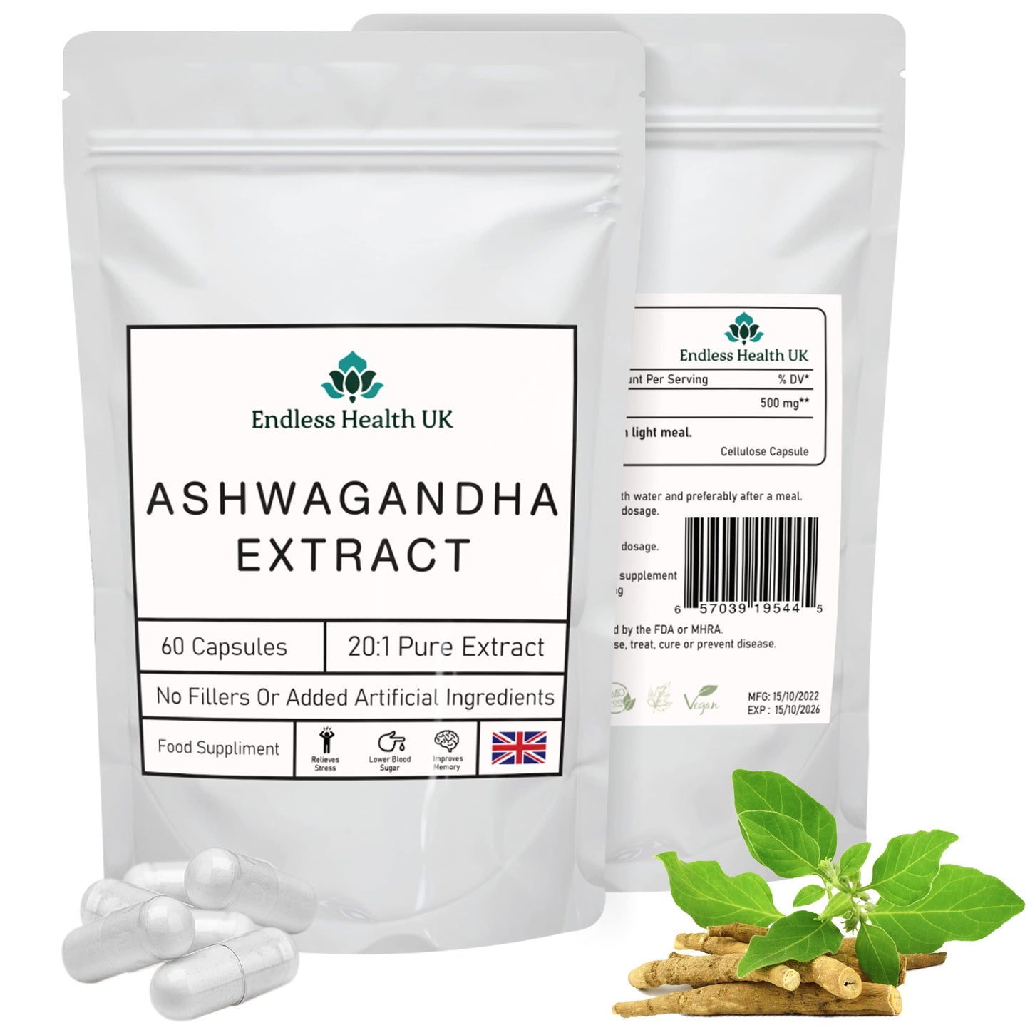 Endless Health UK Ashwagandha Extract | High Strength | 20:1 Extract | 60 Capsules