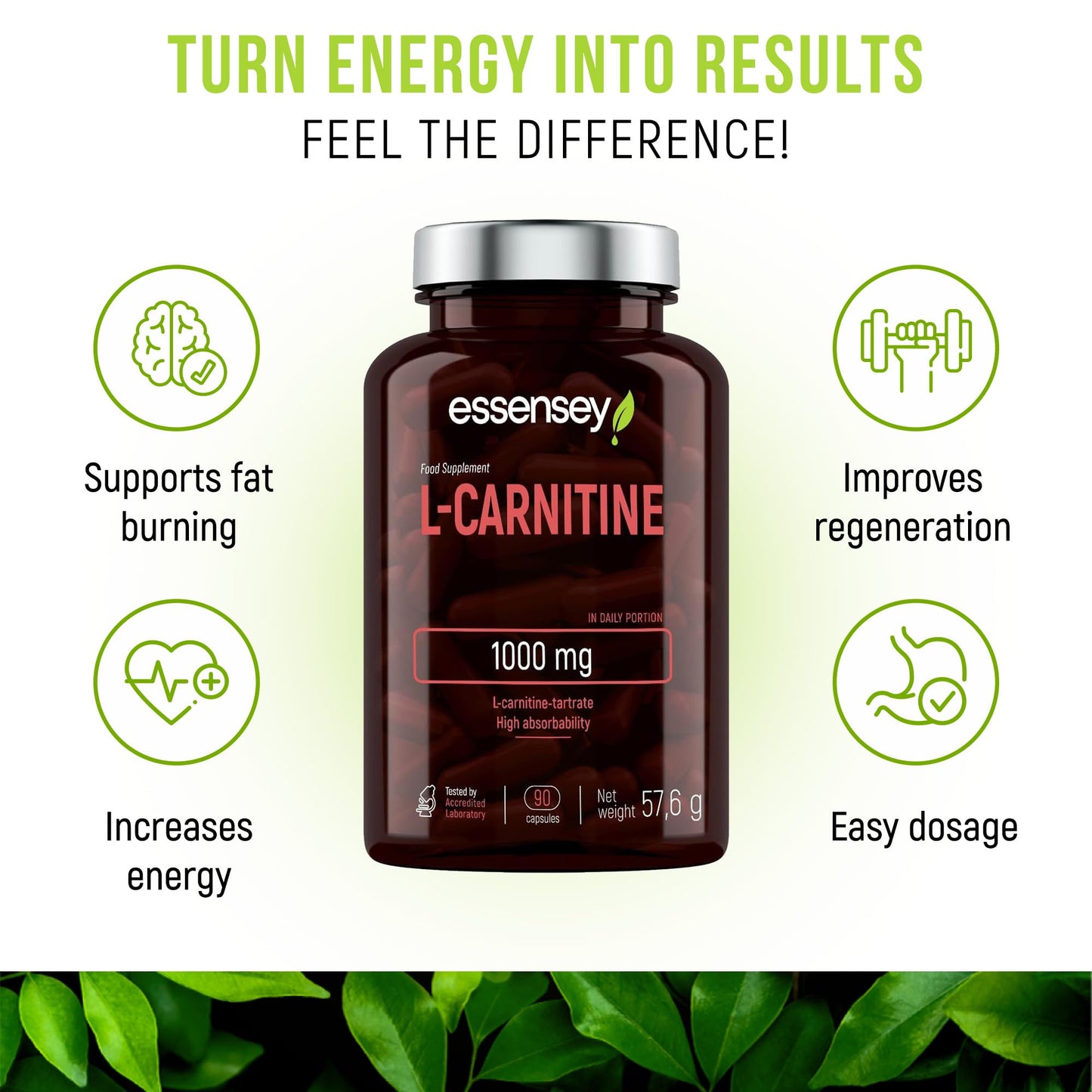 ESSENSEY Essensey L-Carnitine 1000mg - 90 Capsules | High Absorption Form | Ideal for Vegetarians High Strength L Carnitine Supplement