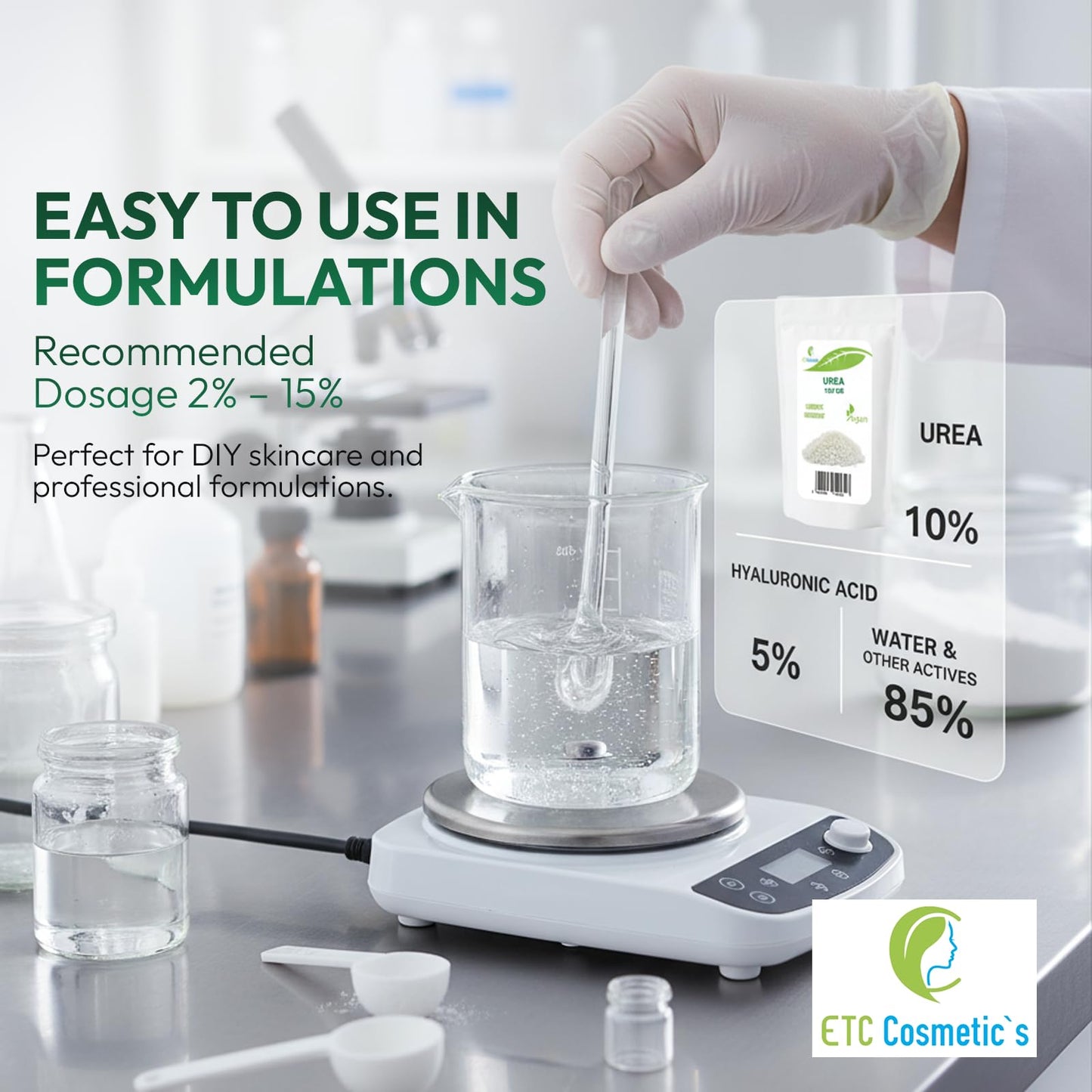 ETC Cosmetic`s Cosmetic UREA - 100 gr - suitable for creams, lotions, gels, fluids, cleansing products including shampoos and body washes, skaly and cracked skin